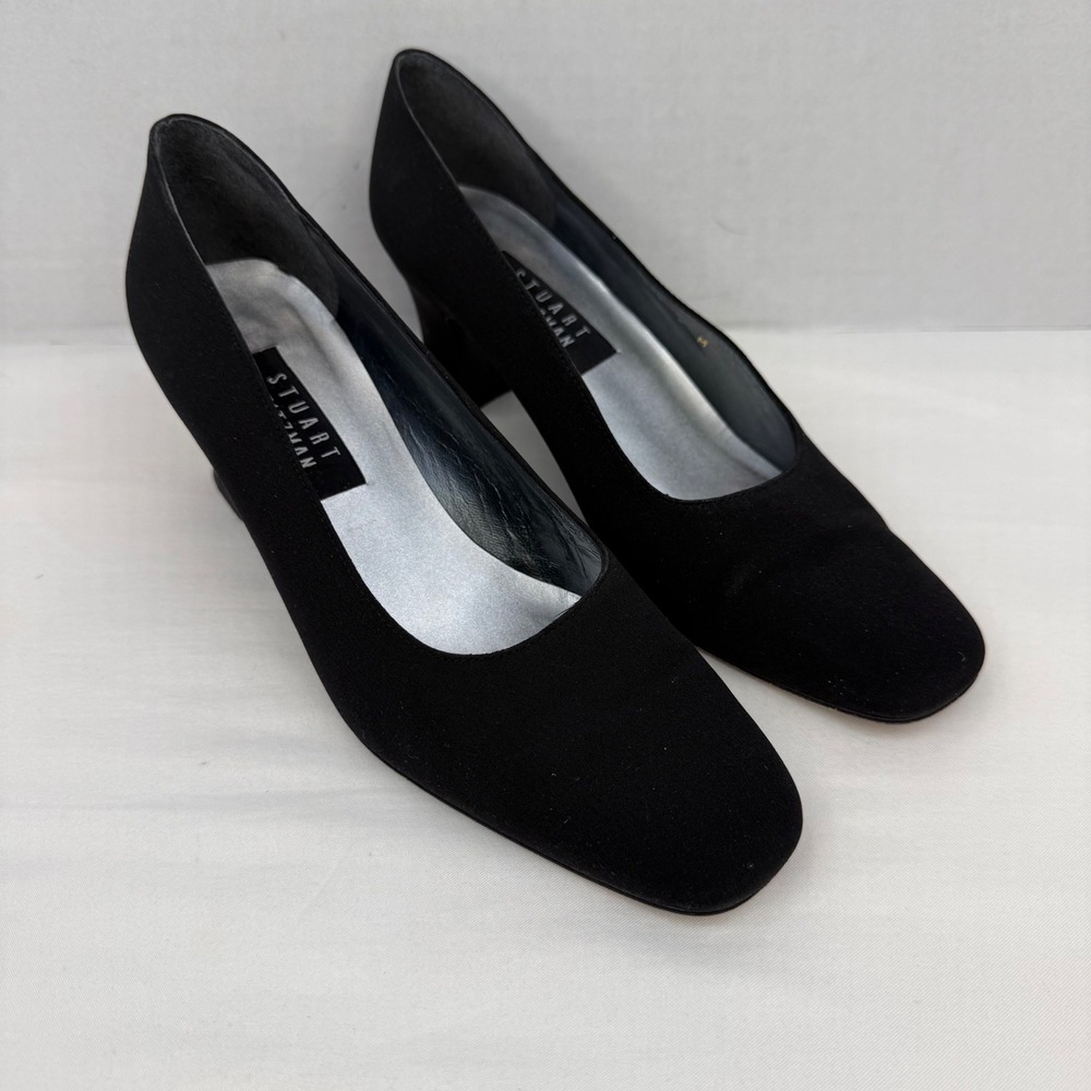 Vintage Stuart Weitzman Pump Scuplted Heel Black Satin Squared Womens Size 8M